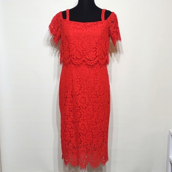 SOPRANO Red Lace Dress Cold Shoulder Size Medium - Picture 4 of 14